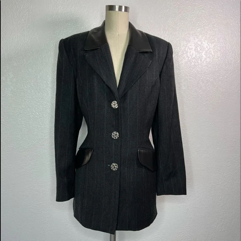 Vintage Alberto Makali pin stripe 90s Y2K leather trim blazer jacket 12